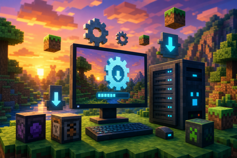 Blocky Minecraft-style illustration of a computer and server installing a mod