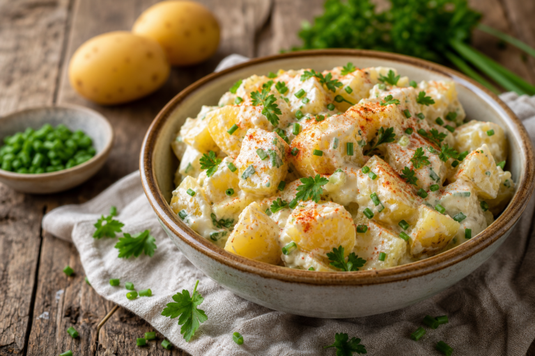 Bowl of creamy potato salad with herbs and paprika
